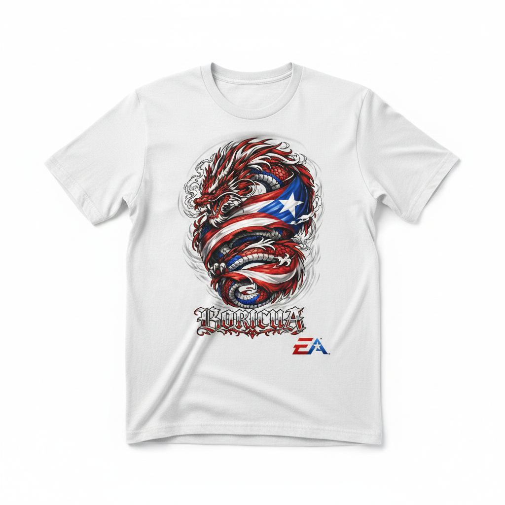 Boricua Dragon graphic tee on white shirt – Elevate Apparel